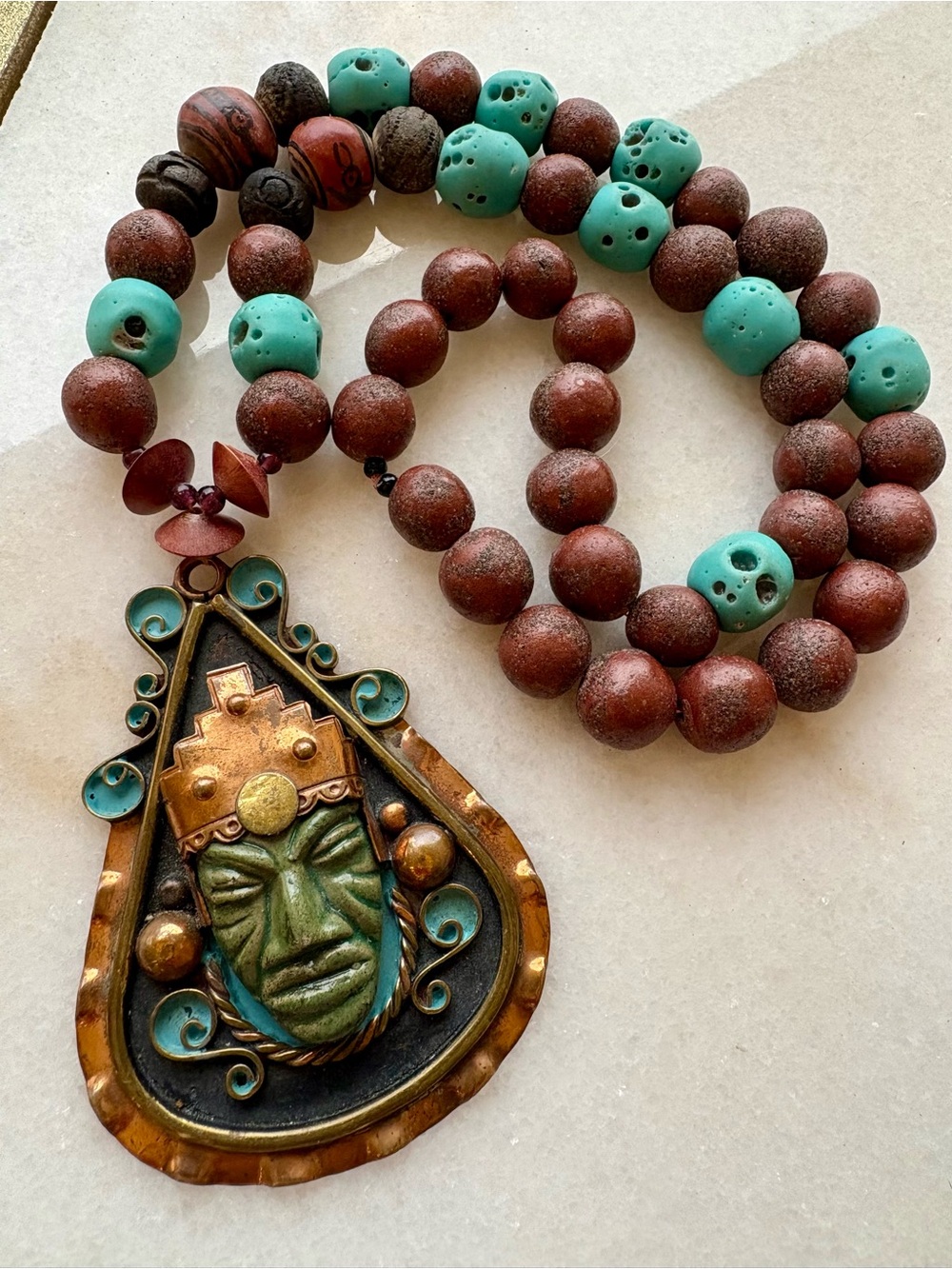 Bohemian CHIC Turquoise JADEITE CopperTribal Mayan Aztec Mexican Pendant Necklac
